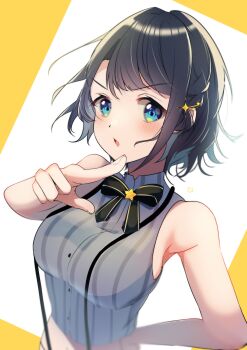1girl absurdres bare_arms bare_shoulders belt black_bow black_bowtie black_hair blue_eyes bow bowtie braid breasts brooch cropped_shirt cross_hair_ornament emutakanoe from_side grey_shirt hair_ornament hand_on_own_hip hand_up high_collar highres hololive jewelry large_breasts looking_at_viewer midriff navel oozora_subaru oozora_subaru_(suspenders) parted_lips pinstripe_pattern pinstripe_shirt pointing pointing_at_viewer shirt short_hair shorts side_braid sleeveless sleeveless_shirt solo star_(symbol) star_brooch star_hair_ornament suspender_shorts suspenders swept_bangs upper_body virtual_youtuber white_background white_belt yellow_background