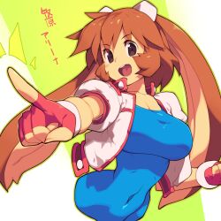 Rule 34 | 1girl, breasts, brown eyes, brown hair, cleavage, covered navel, fingerless gloves, gloves, goggles, goggles on head, highres, index finger raised, jacket, large breasts, looking at viewer, makihara arina, open clothes, open jacket, open mouth, pointing, pointing at viewer, short hair, smile, toned, waku waku 7
