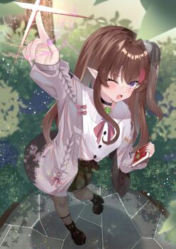 1girl black_choker black_shoes black_skirt book brown_hair bush cardigan choker commentary_request commission grey_cardigan grey_pantyhose highres holding holding_book indie_virtual_youtuber leaf long_hair long_sleeves nagisa_(vtuber) one_eye_closed open_cardigan open_clothes open_mouth pantyhose pointy_ears purple_eyes ragdoll6231 second-party_source shirt shoes side_ponytail single_off_shoulder skirt solo sparkle virtual_youtuber white_shirt