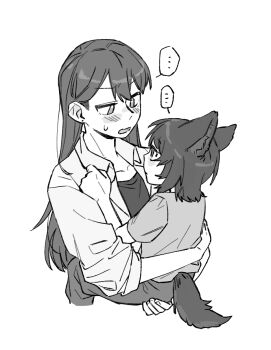 ... 2girls aged_down animal_ears bang_dream! bang_dream!_it&#039;s_mygo!!!!! blush carrying carrying_person criangle_k. earrings greyscale jacket jewelry kemonomimi_mode long_hair monochrome multiple_girls open_mouth shiina_taki shirt short_hair spoken_ellipsis sweatdrop tail three-quarter_sleeves time_paradox wolf_ears wolf_girl wolf_tail yahata_umiri