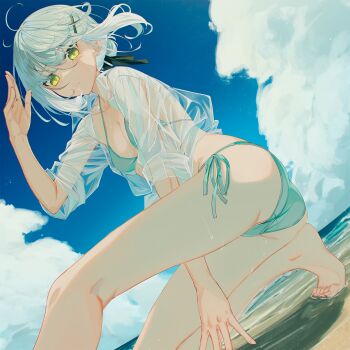 Rule 34 | 1girl, beach, bikini, blue bikini, blue sky, breasts, cleavage, cloud, foot out of frame, hair between eyes, hair bun, hair ornament, hair ribbon, hairclip, highres, looking at viewer, nagishiro mito, original, outdoors, ribbon, sand, see-through clothes, shirt, sidelocks, sky, solo, swimsuit, thighs, water, white hair, yellow eyes