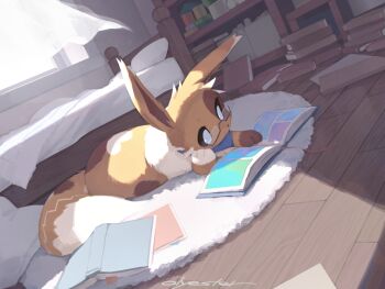 animal_focus bed bedroom book bookshelf brown_eyes brown_fur curtains eevee eevee_ears eevee_tail floor fluffy full_body gen_1_pokemon glasses nintendo no_humans olyester on_floor pokemon pokemon_(creature) pokemon_focus reading rug tail white_fur window wooden_floor
