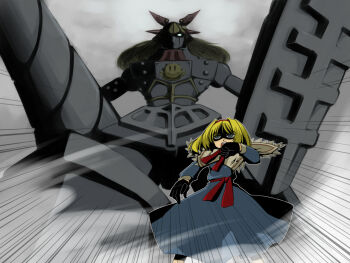 1girl alice_margatroid bad_id bad_pixiv_id big_o_(mecha) blonde_hair dress epic female_focus gloves glowing glowing_eyes goliath_doll mecha ogihara_mach parody robot roger_smith shield smiley_face solo the_big_o touhou