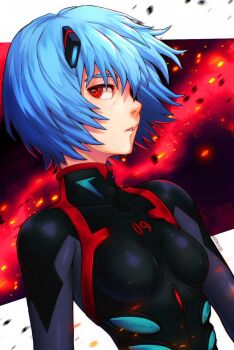 Rule 34 | 1girl, ayanami rei, black bodysuit, blue hair, bodysuit, breasts, commentary, highres, interface headset (evangelion), looking at viewer, mecha pilot suit, neon genesis evangelion, parted lips, plugsuit (evangelion), red eyes, short hair, sideways glance, skaggshood, small breasts, solo, upper body