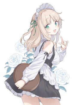 1girl apron bare_shoulders black_dress blonde_hair blush breasts dress flower green_eyes hair_ribbon highres holding holding_tray large_breasts long_hair long_sleeves looking_at_viewer maigoyaki open_mouth original ribbon smile solo tray waist_apron white_apron white_dress white_headdress