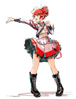 Rule 34 | absurdres, belt, black belt, black boots, blush, boots, bow, drill hair, fingernails, full body, grey hair, grey jacket, hair bow, hair ribbon, highres, jacket, kasane teto, kasane teto (sv), kneehighs, lace-up boots, layered sleeves, long sleeves, midriff peek, mp777b, open mouth, outstretched arm, red belt, red eyes, red nails, red skirt, red socks, ribbon, shoulder belt, shoulder boards, simple background, skirt, socks, standing, striped clothes, striped jacket, synthesizer v, twin drills, utau, white background, white bow, white ribbon