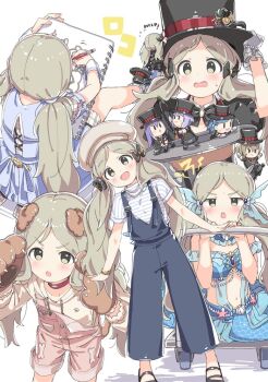 1girl against_railing animal_collar animal_ears animal_hands aqua_bikini beret bikini black_bow black_bowtie black_hat black_jacket black_shoes blonde_hair blue_bikini blue_dress blue_overalls blue_ribbon blush bow bowtie brown_hoodie character_doll character_name chestnut_mouth collar dog_ears dog_tail doll drawing_(action) drawing_(object) drawstring dress english_text fluffy_hair frilled_gloves frills frown fur_trim future_signature_(idolmaster) gloves hand_on_headwear handa_roco hat hood hoodie idolmaster idolmaster_million_live! idolmaster_million_live!_theater_days jacket kuresuku_(lessons) leaning long_hair low_twintails makabe_mizuki mary_janes mochizuki_anna multiple_views nagayoshi_subaru nanao_yuriko official_alternate_costume overalls parted_bangs paw_gloves pink_overalls railing red_collar ribbon shirt shoes short_sleeves single_suspender sitting smile solo striped_clothes striped_shirt sweatdrop swimsuit tail top_hat twintails v-shaped_eyebrows very_long_hair wand wanwan_wonderful_(idolmaster) white_gloves wing_collar yellow_eyes