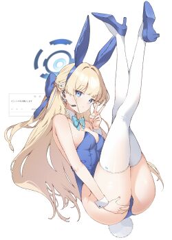 1girl animal_ears blonde_hair blue_archive blue_eyes blue_halo blue_leotard bow bowtie breasts detached_collar double_v fake_animal_ears halo hand_on_own_ass hashtag-only_commentary highres koishi_(kiwi0314) legs_up leotard long_hair looking_at_viewer official_alternate_costume playboy_bunny rabbit_ears solo strapless strapless_leotard thighhighs toki_(blue_archive) toki_(bunny)_(blue_archive) v white_thighhighs wrist_cuffs