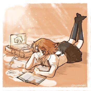 1boy alter_ego_(danganronpa) black_socks book brown_hair collared_shirt computer crossdressing crossdressing_(mtf) danganronpa:_trigger_happy_havoc danganronpa_(series) feet_up fujisaki_chihiro highres laptop lying male_focus on_stomach open_book reading shirt short_sleeves skirt smile socks solo suspender_skirt suspenders trap twinklelitchii white_shirt