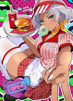 1girl apron armor blowing_bubble_gum blowing_bubbles blue_eyes breasts burger chewing_gum cleavage cup dark-skinned_female dark_skin diner disposable_cup english_text food gundam gundam_suisei_no_majo hair_ornament hairclip hat highres japanese_armor lips name_tag necktie nekomiya_mizuki open_sign secelia_dote shoulder_armor sign signature skirt soda thick_thighs thighhighs thighs tray uniform v white_hair