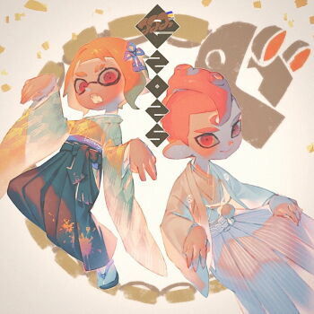 1boy 1girl artist_name bellhenge black_footwear closed_mouth commentary english_commentary eyebrow_cut fangs full_body green_hakama grey_kimono hakama hakama_skirt hand_up haori inkling inkling_girl inkling_player_character invisible_chair japanese_clothes kimono long_sleeves looking_at_viewer nintendo octoling octoling_boy octoling_player_character okobo open_mouth orange_hair platform_sandals pointy_ears print_kimono red_eyes red_hair sandals short_hair sitting skirt smile splatoon_(series) splatoon_3 tabi tentacle_hair thick_eyebrows white_hakama white_haori white_kimono wide_sleeves