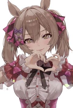 Rule 34 | 1girl, absurdres, animal ears, blonde hair, blush, bow, bowtie, breasts, brown hair, center frills, closed mouth, collared shirt, frills, hair bow, hands up, heart, heart hands, highres, horse ears, looking at viewer, shirt, short hair, simple background, small breasts, smart falcon (love 4ever) (umamusume), smart falcon (umamusume), solo, straight-on, sweat, sweater, twintails, umamusume, upper body, white background, white shirt, wrist cuffs, yogukasu