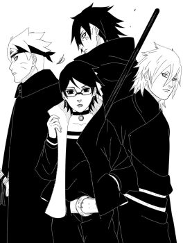 1girl 3boys belt boruto:_two_blue_vortex brentonsart choker commentary earrings english_commentary facial_mark forehead_protector frown glasses greyscale hand_in_pocket headband highres jacket jewelry kawaki_(boruto) leaf medium_hair mitsuki_(naruto) monochrome multicolored_hair multiple_boys naruto_(series) short_hair staff strapless sword tube_top two-tone_hair uchiha_sarada undercut uzumaki_boruto weapon