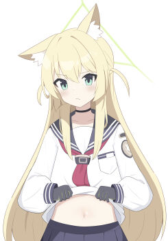 1girl :&lt; absurdres animal_ear_fluff animal_ears black_choker black_gloves black_sailor_collar blonde_hair blue_archive blush choker clenched_hands closed_mouth clothes_lift commentary_request cowboy_shot fang fenrir-banana fox_ears fox_girl frown gloves green_eyes green_halo hair_between_eyes halo hands_up highres kurumi_(blue_archive) lifting_own_clothes long_hair long_sleeves looking_at_viewer navel neckerchief presenting_stomach red_neckerchief sailor_collar school_uniform serafuku shirt shirt_lift shy sidelocks simple_background skin_fang solo stomach straight-on straight_hair triangle_halo two_side_up v-shaped_eyebrows very_long_hair white_background white_shirt