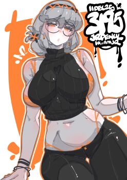 1girl absurdres artist_name bare_arms black_pants black_shirt bra breasts commentary cowboy_shot english_commentary glasses grey_hair hair_between_eyes highres jrpencil large_breasts looking_at_viewer navel orange_bra orange_eyes original pants panty_straps parted_lips raised_inner_eyebrows shirt short_hair sleeveless sleeveless_shirt sleeveless_turtleneck solo stomach turtleneck turtleneck_shirt underwear