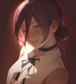 1girl absurdres black_choker black_ribbon brown_background chainsaw_man choker clip_studio_paint_(medium) closed_mouth collared_shirt commentary green_eyes hair_between_eyes hair_bun highres looking_at_viewer neck_ribbon purple_hair reze_(chainsaw_man) ribbon rubylovedraw shirt sleeveless sleeveless_shirt smile solo white_shirt