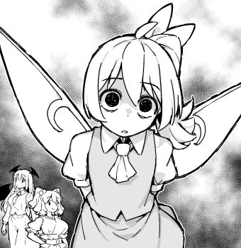 3girls arms_behind_back ascot breasts commentary_request daiyousei fairy_wings flat_chest greyscale hair_bobbles hair_ornament hair_ribbon head_wings highres koakuma large_breasts long_hair long_sleeves looking_at_viewer monochrome multiple_girls necktie o_o onozuka_komachi puffy_short_sleeves puffy_sleeves ribbon sash short_sleeves side_ponytail skirt solidus_(sword_cube) textless_version touhou twintails two_side_up wings yandere
