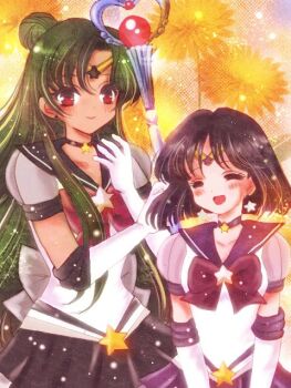 2girls back_bow bishoujo_senshi_sailor_moon black_hair black_sailor_collar black_skirt blunt_bangs blunt_ends bow bowtie choker circlet closed_eyes dandelion earrings flower green_hair hair_bun jewelry long_hair medium_hair meiou_setsuna miya_(chijou_no_seiza) multiple_girls puffy_short_sleeves puffy_sleeves purple_sailor_collar purple_skirt red_bow red_bowtie red_eyes sailor_collar sailor_pluto sailor_saturn short_sleeves single_hair_bun skirt smile star_(symbol) star_choker star_earrings stud_earrings super_sailor_pluto super_sailor_saturn_(stars) tomoe_hotaru