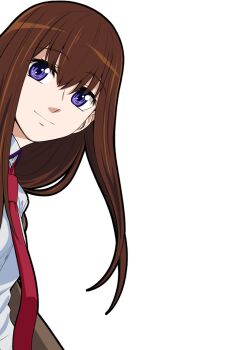 1girl brown_eyes brown_hair brown_jacket commentary_request dress_shirt eibon highres jacket looking_at_viewer makise_kurisu necktie purple_eyes purple_trim red_necktie science_adventure shiny_eyes shirt smile solo steins;gate