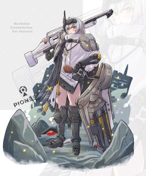 Rule 34 | 1girl, absurdres, armored boots, backsine, black boots, blush, boots, chicken (food), chicken leg, cloak, commentary, commission, english commentary, food, goddess of victory: nikke, grey hair, gun, hair between eyes, head-mounted display, highres, holding, holding food, holding gun, holding weapon, horns, long hair, long sleeves, mechanical arms, mechanical horns, parted lips, single mechanical arm, snow white (nikke), torn cloak, torn clothes, weapon, white cloak, white hair, yellow eyes, zoom layer