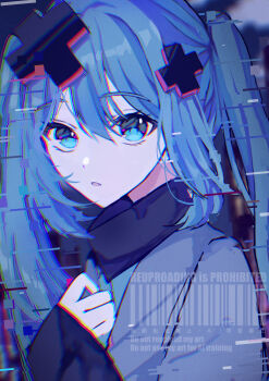 1girl absurdres aqua_eyes aqua_hair batsu_miku commentary flan_chan glitch grey_jacket hair_between_eyes hair_ornament hatsune_miku highres jacket kowareta_sekai_to_utaenai_miku long_sleeves open_mouth project_sekai sleeves_past_wrists solo turtleneck turtleneck_jacket upper_body vocaloid watermark x_hair_ornament