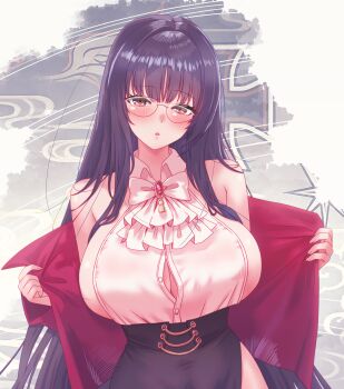 1girl absurdres alvitr_(azur_lane) alvitr_(muspel's_torrid_secrets)_(azur_lane) arbiter1 ascot azur_lane bare_shoulders black_hair black_skirt blush breasts brooch button_gap glasses highres jacket jewelry large_breasts long_hair looking_at_viewer office_lady official_alternate_costume partially_unbuttoned pencil_skirt red_eyes red_jacket rimless_eyewear shirt sideboob sideboob_cutout sideless_shirt sitting skirt sleeveless sleeveless_shirt solo thighs underbutt very_long_hair white_ascot white_shirt
