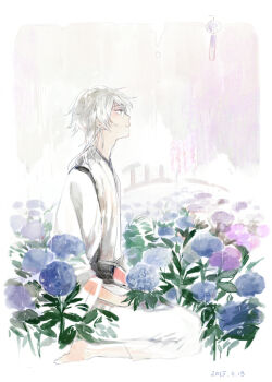 1boy barefoot commentary_request flower leaf long_hair male_focus purple_flower rain shirt suou_(sdurorhr) touken_ranbu tsurumaru_kuninaga white_hair white_shirt yellow_eyes
