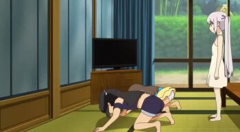 1boy 3girls adachi_tenka age_difference animated anime_screenshot ass black_hair blue_eyes breasts brown_eyes brown_hair censored dress english_text groping_breast hair_bobbles hair_ornament hair_ribbon handstand indoors komako_semenovich loli long_hair mosaic_censoring multiple_girls nipples no_panties nude one-piece_tan panties pussy ribbon rock_paper_scissors sayama_chie shirt shorts shoujo_ramune skirt small_breasts smile sound standing subtitled tagme tan tank_top tanline tatami topless_female twintails underwear undressing upside-down video white_hair x_hair_ornament