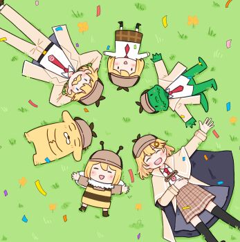 1boy 3girls absurdres alligator armando_watson blazer blonde_hair blue_eyes bubba_(watson_amelia) cloak closed_eyes confetti crocodilian dog facial_hair grass hair_ornament highres hololive hololive_english investigator_(watson_amelia) jacket lying multiple_girls multiple_persona mustache necktie on_back plaid_clothes plaid_skirt red_necktie skirt smile smol_ame thighhighs ustel_yj virtual_youtuber watson_amelia watson_amelia_(1st_costume) zettai_ryouiki