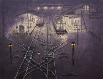 absurdres building dark headlight_beam highres hokkaido_railway_company multiple_unit_train night no_humans original painting_(medium) railroad_signal railroad_tracks scenery shadow tanamachi_yoshihiro traditional_media train train_station train_station_platform window