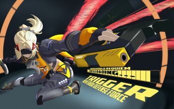 Rule 34 | 1girl, absurdres, ass, black gloves, black pants, blindfold mask, blonde hair, breasts, camouflage, cerbieduckie, covered eyes, fingerless gloves, gloves, hair ornament, highres, holding, jacket, large breasts, long hair, mask, navel, pants, ponytail, solo, trigger (zenless zone zero), zenless zone zero