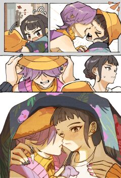 >_< 1boy 1girl absurdres arm_around_neck bare_shoulders biting biting_cheek black_hair black_nails blunt_bangs brown_eyes clenched_teeth couple detached_sleeves dragonla earrings food fruit furrowed_brow hair_over_eyes hands_on_headwear hetero highres imminent_kiss jewelry kpop_demon_hunters mystery_(kpop_demon_hunters) nail_polish one_eye_closed open_mouth orange_(fruit) orange_arm_warmers orange_hair orange_slice parted_lips pink_nails purple_hair purple_sweater_vest shirt shirt_under_sweater short_bangs short_hair shouting sidelocks sleeveless sleeveless_turtleneck sweatdrop sweater_vest teeth turtleneck under_covers updo white_shirt zoey_(kpop_demon_hunters)