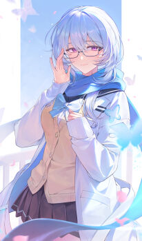 1girl absurdres adjusting_eyewear bespectacled black_skirt blue_bow blue_bowtie blue_hair blue_scarf bow bowtie breasts bug butterfly cardigan closed_mouth coat commentary cowboy_shot glasses hair_between_eyes highres insect long_hair looking_at_viewer medium_breasts purple_butterfly purple_eyes scarf school_uniform shorekeeper_(wuthering_waves) skirt smile solo white_coat wuthering_waves yellow_cardigan zani_journey
