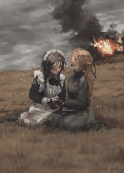 2girls apron arson black_bow black_dress black_hair black_se_sa_mi blood blood_on_clothes blood_on_hands bow braid burning burning_building collared_dress dress fire glasses grey_dress hair_bow half_updo highres holding_hands house implied_murder jewelry laughing long_hair maid maid_apron maid_headdress meadow multiple_girls necklace open_mouth original outdoors overcast round_eyewear sitting skirt sky smoke twin_braids twitter_username wariza white_apron