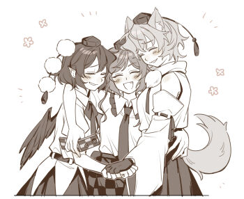 Rule 34 | 3girls, animal ear fluff, animal ears, arm around shoulder, blush, camera phone, cellphone, checkered clothes, checkered skirt, closed eyes, collared shirt, commentary request, detached sleeves, fang, fingerless gloves, flip phone, frilled shirt collar, frills, gloves, greyscale, hat, himekaidou hatate, holding, holding phone, hug, inubashiri momiji, monochrome, multiple girls, open mouth, phone, pointy ears, pom pom (clothes), puffy short sleeves, puffy sleeves, sakic43899, shameimaru aya, shirt, short sleeves, skirt, smile, tail, tokin hat, touhou, twintails, wings, wolf ears, wolf girl, wolf tail