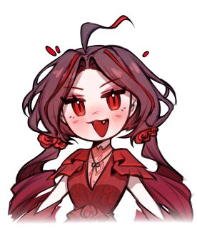 1girl ahoge blush breasts brown_hair cleavage deformed detached_sleeves dress flower hair_flower hair_intakes hair_ornament highres jitome limbus_company long_hair low_twintails multicolored_hair nicolina_(project_moon) project_moon red_dress red_eyes red_flower red_hair red_rose rose simple_background solo streaked_hair suillus twintails v-neck very_long_hair white_background