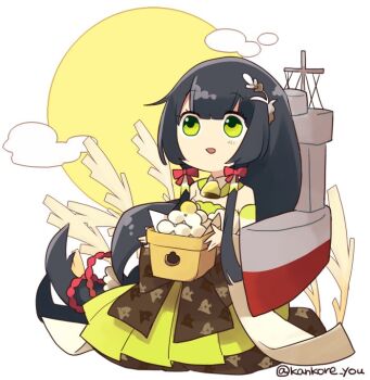 Rule 34 | 1girl, black hair, bow, chibi, chibi only, commentary request, dango, detached sleeves, food, green eyes, hair bow, hair flaps, hair ornament, holding, japanese clothes, kantai collection, long hair, mizuho (kancolle), ohagi (iihatobu05), parted lips, red bow, rigging, sidelocks, simple background, solo, tsukimi, tsukimi dango, twitter username, very long hair, wagashi, white background