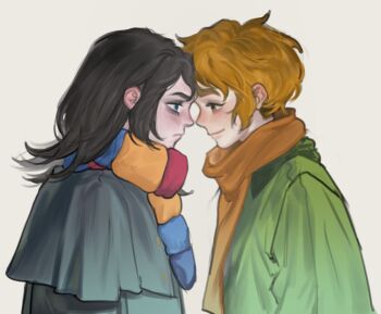 1boy 1girl abaddon_(haunted_hotel) black_hair blue_coat blue_eyes brown_eyes coat esther_freeling eye_contact forehead-to-forehead green_coat hashtag-only_commentary haunted_hotel heads_together long_hair looking_at_another looking_to_the_side orange_hair rickorty_08 scarf short_hair simple_background upper_body