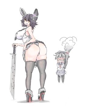 2girls ass bare_shoulders black_necktie black_skirt black_thighhighs blush breasts gentlyfluid high_heels huge_ass huge_breasts kantai_collection looking_back multiple_girls necktie panties purple_hair shirt short_hair skirt steam sword tenryuu_(kancolle) thick_thighs thighhighs thighs underwear weapon white_background white_panties white_shirt wide_hips yellow_eyes