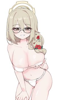 akane_(blue_archive) bare_shoulders bikini blue_archive blush breasts brown_eyes brown_hair cleavage collarbone commentary_request eyepatch_bikini flower glasses grin groin hair_between_eyes hair_flower hair_ornament halo highres korean_commentary large_breasts long_hair looking_at_viewer mago_cats navel smile swimsuit thighs white_bikini white_loincloth yellow_halo