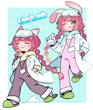 2girls akane_riu animal_ears aqua_background bemani blush border braid brown_hair cat_ears cat_girl closed_eyes commentary_request copyright_name flask furry furry_female goggles goggles_on_head green_eyes green_slippers highres holding holding_flask hood hood_down lab_coat long_hair mimi_(pop&#039;n_music) multiple_girls nyami_(pop&#039;n_music) official_alternate_costume one_eye_closed pop&#039;n_music pop&#039;n_music_unilab rabbit_ears rabbit_girl round-bottom_flask simple_background slippers smile twin_braids very_long_hair white_border