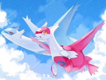 Rule 34 | blue sky, closed mouth, cloud, day, gen 3 pokemon, hashtag-only commentary, highres, iwasi 29, latias, latios, legendary pokemon, nintendo, no humans, open mouth, outdoors, pokemon, pokemon (creature), pokemon focus, red eyes, sky, smile, twitter username, yellow eyes