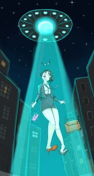 1girl abduction absurdres alien bare_legs black_jacket blue_light briefcase brown_eyes brown_hair building cellphone city dress_shirt earrings floating flying_sweatdrops from_below glasses glowing hair_bun heart high_heels highres horror_(theme) id_card jacket jewelry lanyard legs_together levitation lipstick long_sleeves looking_up makeup miniskirt mole mole_under_mouth nail_polish night office_lady open_clothes open_jacket original parted_lips pencil_skirt peril phone pumps science_fiction shadow shirt shoe_dangle skirt sky smartphone stud_earrings surprised sweatdrop thighs toenail_polish toenails tractor_beam ufo watch white_shirt wide-eyed worried wristwatch