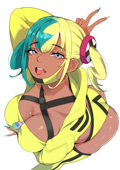 1girl absurdres aqua_hair arm_under_breasts bandeau bent_over black_mask blonde_hair blue_eyes breasts canari_(pokemon) criss-cross_straps dark-skinned_female dark_skin fake_hair_bun highres jacket large_breasts long_sleeves mask mask_pull mouth_mask multicolored_hair nintendo panties pokemon pokemon_legends:_z-a short_twintails simple_background solo split-color_hair sports_bra thighhighs tongue tongue_out twintails two-tone_hair two-tone_mask underwear v white_background yamada_otonari yellow_bandeau yellow_jacket yellow_mask yellow_panties yellow_sports_bra yellow_thighhighs