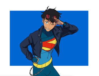 1boy 38sr black_hair blue_background blue_eyes dc_comics eyewear_on_head jacket my_adventures_with_superman one_eye_closed salute smile sunglasses superboy superhero_costume superman_(series) superman_logo
