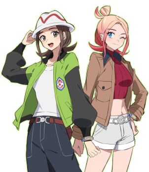 2girls belt blonde_hair blue_eyes blush breasts brown_eyes brown_hair brown_jacket closed_mouth crop_top cropped_shirt go_mi_111 gradient_hair green_jacket hair_bun harmony_(pokemon) hat highres jacket long_sleeves looking_at_viewer mega_ring midriff multicolored_hair multiple_girls navel nintendo one_eye_closed open_clothes open_jacket open_mouth pants pink_hair pokemon pokemon_legends:_z-a red_shirt red_sweater ribbed_shirt shirt short_hair shorts simple_background smile striped_hat sweater taunie_(pokemon) turtleneck turtleneck_shirt white_hat white_shirt white_shorts