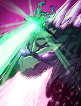 1girl absurdres aqua_hair fangs fortnite glowing glowing_eyes glowing_spines godzilla godzilla_(monsterverse) godzilla_(series) godzilla_evolved godzilla_x_kong:_the_new_empire hatsune_miku highres kaiju king_kong_(series) legendary_pictures mesiasart monsterverse mouth_beam pleated_skirt sharp_teeth skirt spines standing_on_another&#039;s_head teeth thighhighs toho twintails vocaloid