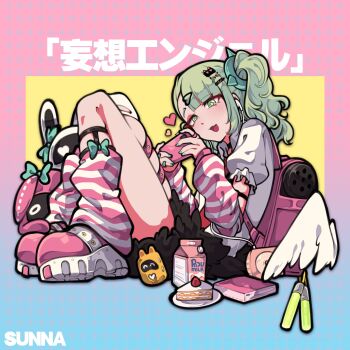 1girl absurdres aqua_nails arm_warmers bandaid bandaid_hair_ornament bangboo_(zenless_zone_zero) black_skirt cake cake_slice character_name commentary drink_carton earphones english_commentary food frilled_sleeves frills from_side gradient_background green_eyes green_hair hair_ornament heart heart_hair_ornament highres holding holding_phone knees_up milk_carton mujib multiple_hair_clips open_mouth phone pink_arm_warmers pink_bag pink_shoes plate ponytail shirt shoes sitting skirt striped_arm_warmers sunna_(zenless_zone_zero) white_shirt winged_bag yellow_background zenless_zone_zero