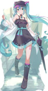 1girl aqua_eyes aqua_hair averting_eyes belt_bow belt_collar black_dress black_hat blush boots center-flap_bangs closed_mouth closed_umbrella coat coat_partially_removed collar colored_shoe_soles dot_nose dress flat_chest frilled_dress frills full_body gradient_eyes hair_between_eyes hair_through_headwear hat hatsune_miku highres holding holding_umbrella knee_boots leg_tattoo light_blush long_hair multicolored_eyes multicolored_hair number_tattoo open_clothes open_coat purple_hair raincoat see-through_clothes see-through_coat see-through_skirt_layer short_dress sleeveless sleeveless_dress solo soyose streaked_hair tattoo twintails umbrella very_long_hair vocaloid