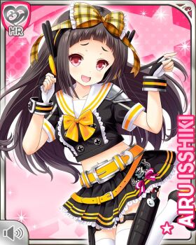 1girl :d black_serafuku black_shirt black_shoes black_skirt blunt_bangs bow bowtie breasts brown_hair card_(medium) character_name fingerless_gloves girlfriend_(kari) gloves hair_bow isshiki_airu large_breasts long_hair looking_at_viewer midriff miniskirt navel official_art open_mouth pink_background plaid_bow plaid_clothes pleated_skirt qp:flapper raised_inner_eyebrows red_eyes sailor_collar sailor_shirt school_uniform serafuku shirt shoes short_sleeves skirt smile solo standing thighhighs thighs white_thighhighs yellow_bow yellow_bowtie zettai_ryouiki